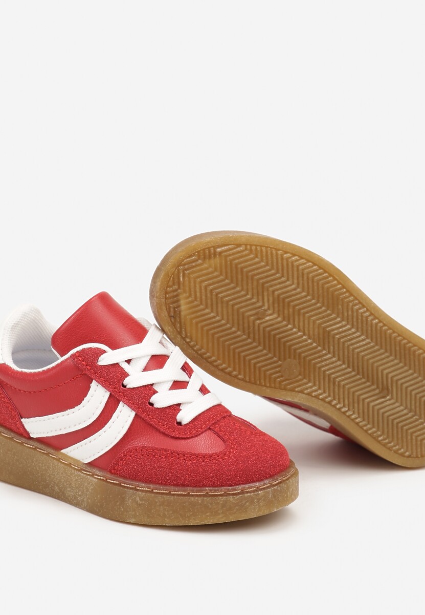 Czerwone Buty Sportowe Sneakersy na Płaskiej Podeszwie Ozdobione Paskami Cretara 3