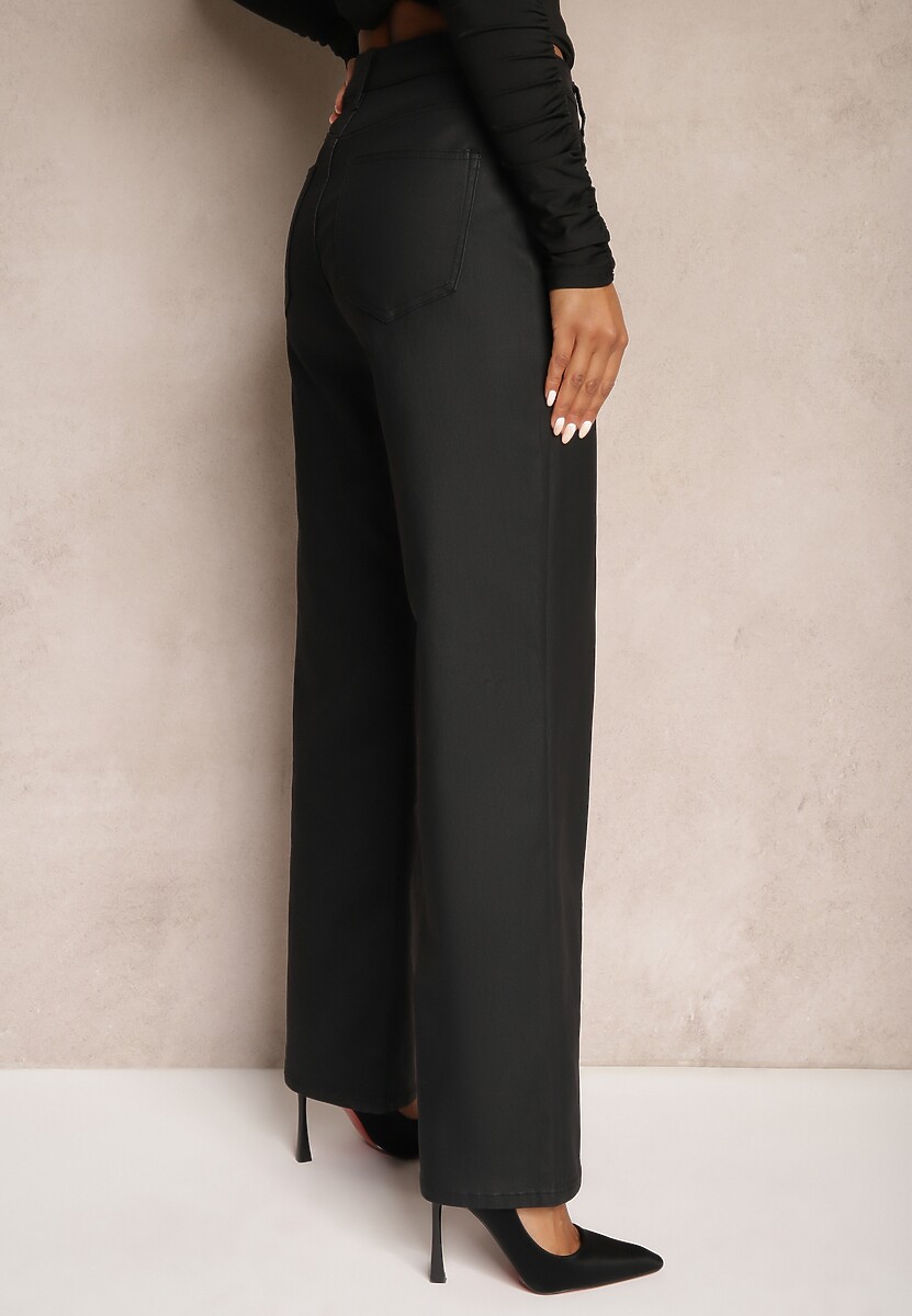 Czarne Spodnie Woskowane o Szerokim Kroju High Waist Sezila 3