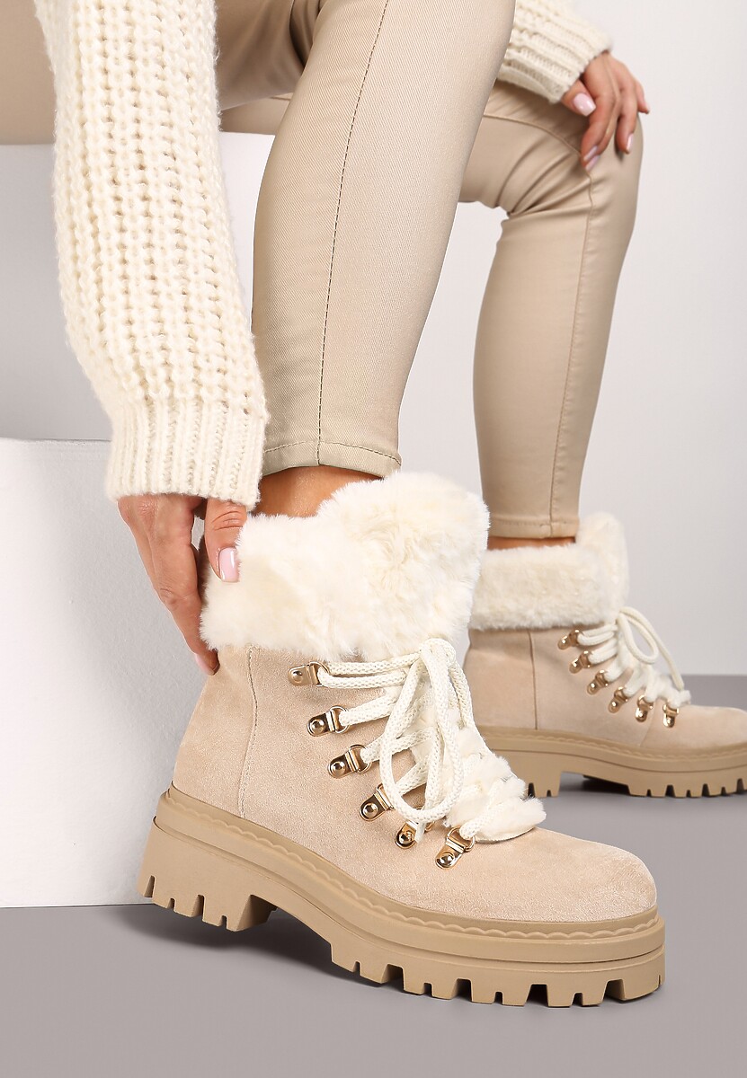 Beżowe Traperki z Futerkiem na Grubej Podeszwie Tairene 2