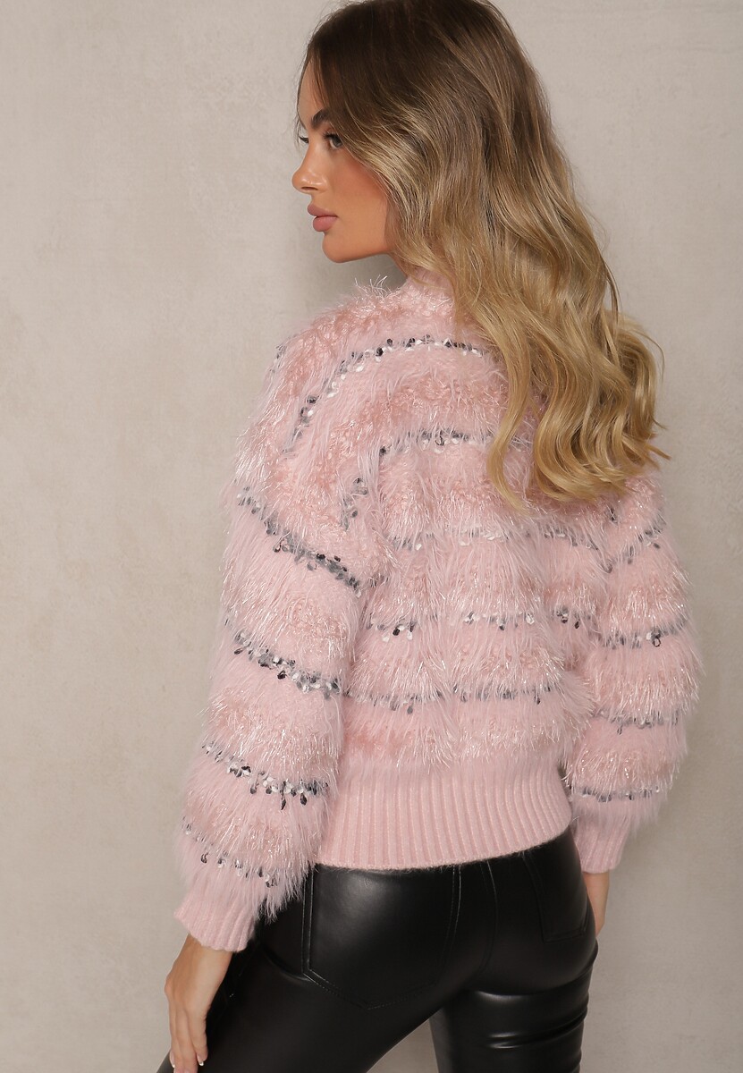 Różowy Sweter z Wiskozą o Fakturze Imitacji Piór w Paski Nerisara 3