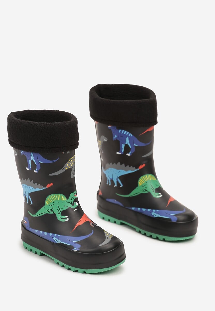 Czarne Kalosze w Print z Dinozaurami i Wywiniętą Cholewką Elavora 2
