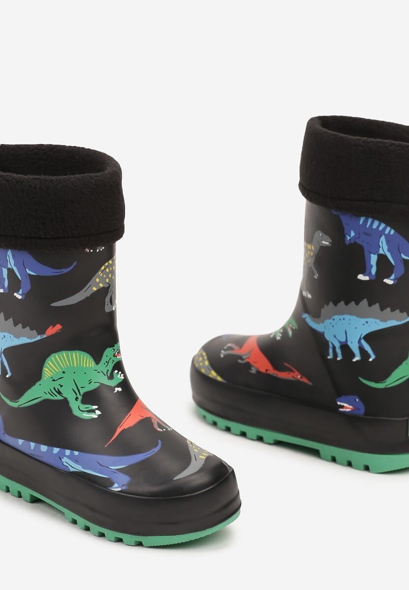 Czarne Kalosze w Print z Dinozaurami i Wywiniętą Cholewką Elavora 3