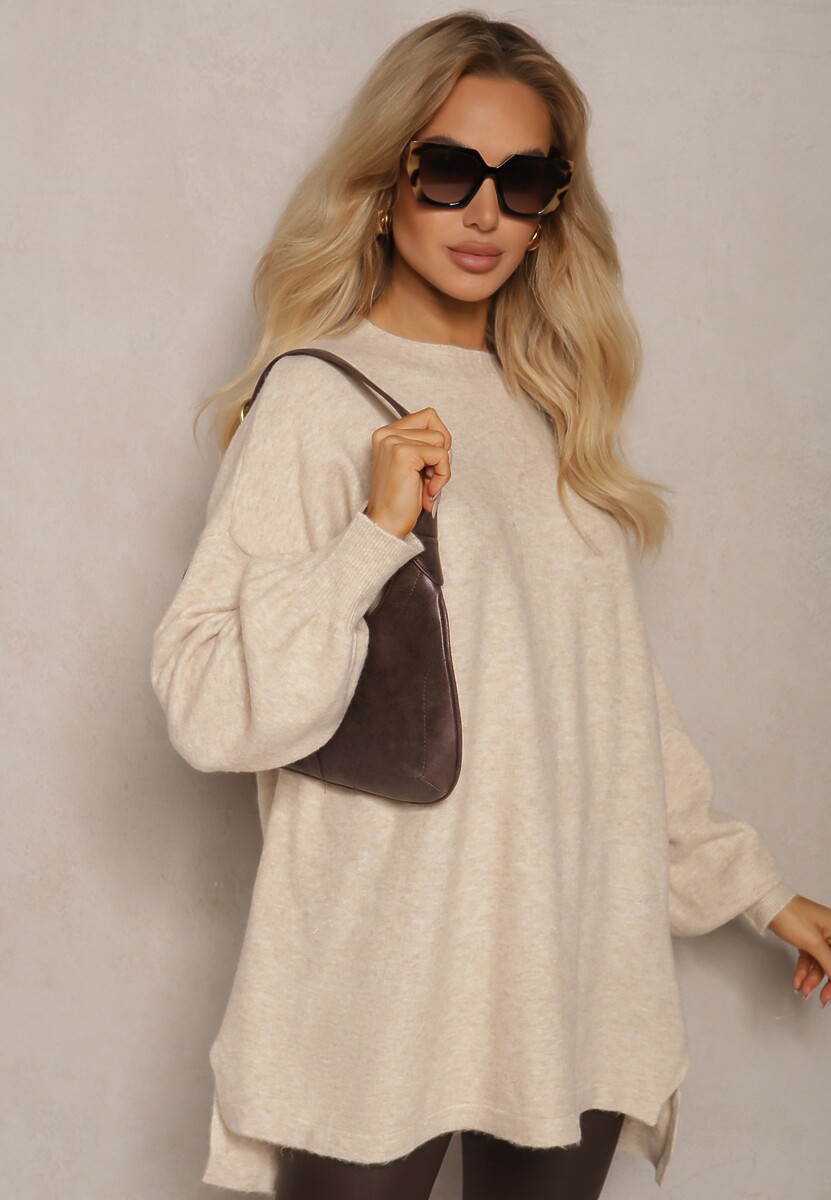 jasnobeżowy Luźny Sweter z Modalem i Wiskozą o Asymetrycznym Kroju Nadonna 2