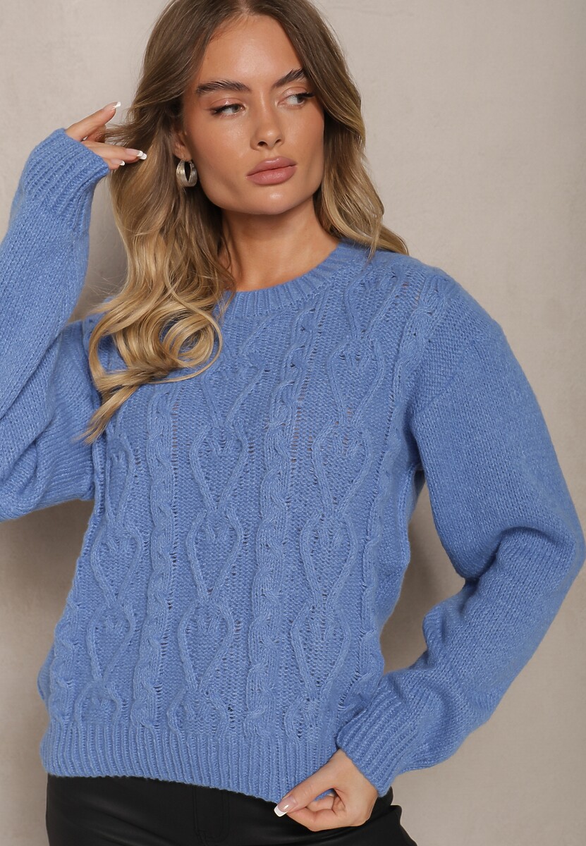 Niebieski Sweter z Wełną Ozdobnym Splotem i Ściągaczem Nariae 1