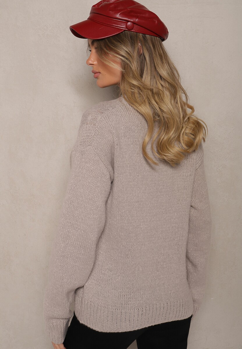 Szary Sweter z Wełną Ozdobnym Splotem i Ściągaczem Nariae 3