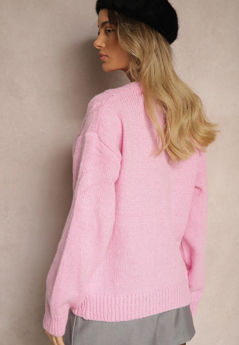 Różowy Sweter z Wełną Ozdobnym Splotem i Ściągaczem Nariae 3