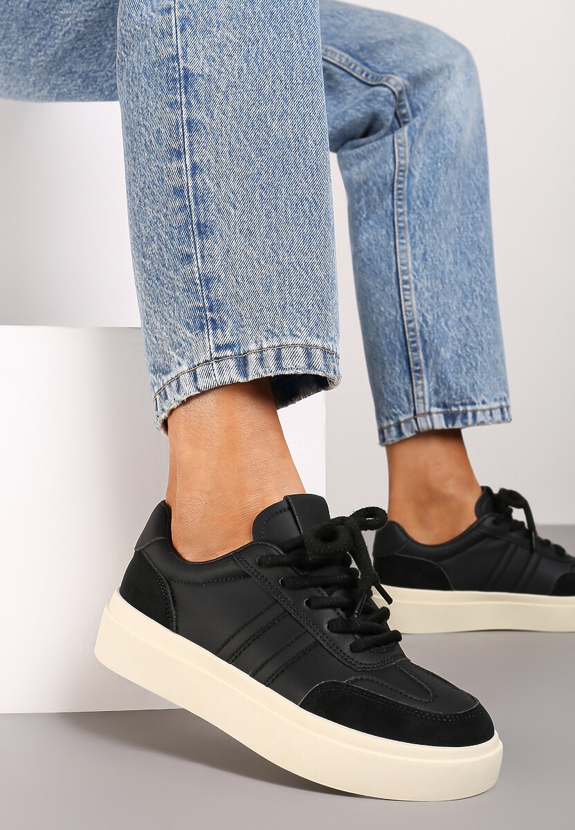 Czarne Sznurowane Sneakersy na Platformie Ozdobione Paskami Tialise 1