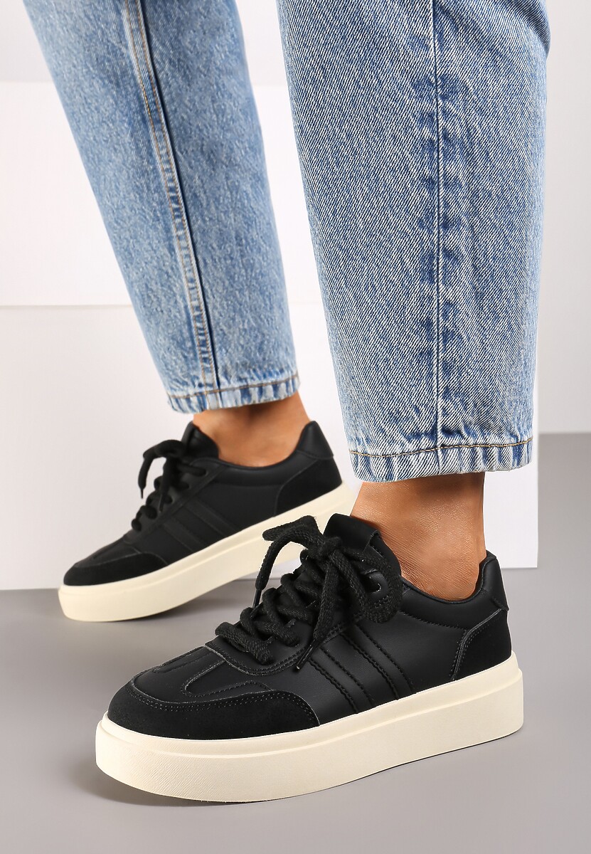 Czarne Sznurowane Sneakersy na Platformie Ozdobione Paskami Tialise 3