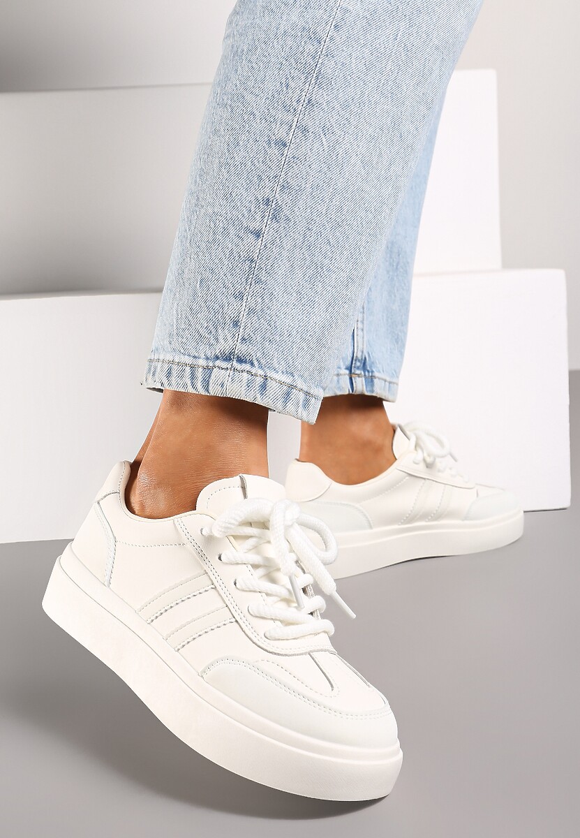Białe Sznurowane Sneakersy na Platformie Ozdobione Paskami Tialise 1