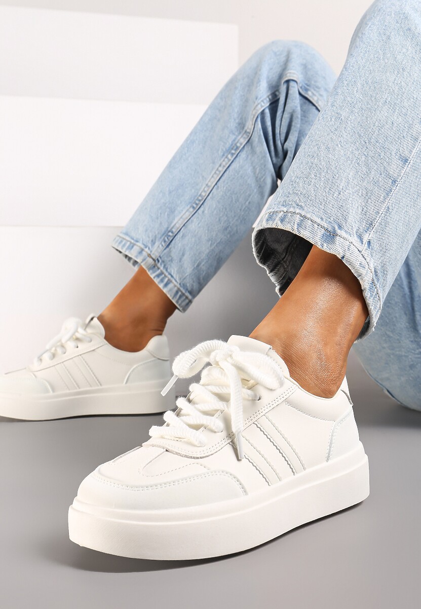 Białe Sznurowane Sneakersy na Platformie Ozdobione Paskami Tialise 2