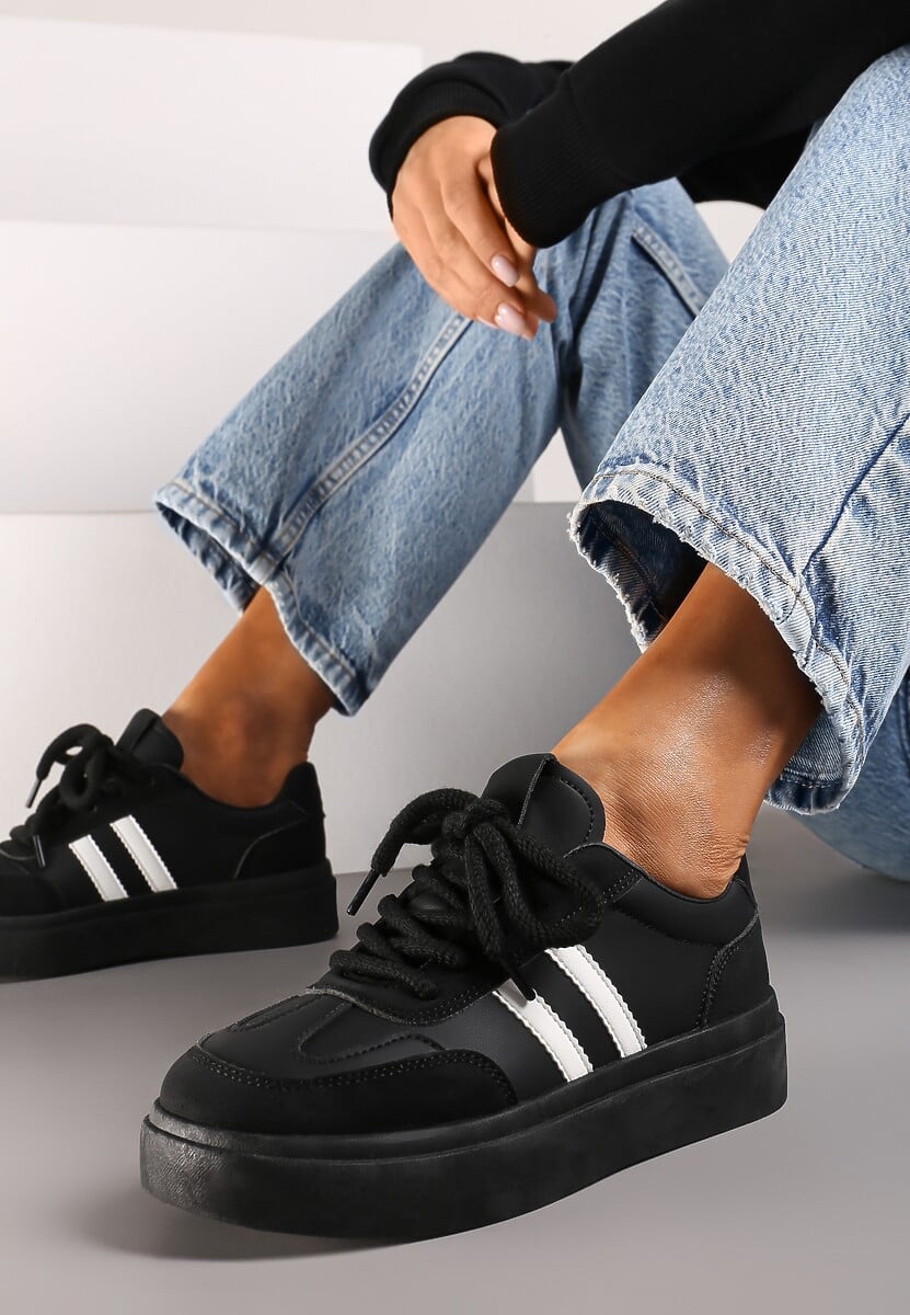 Czarno-Białe Sznurowane Sneakersy na Platformie Ozdobione Paskami Tialise 2