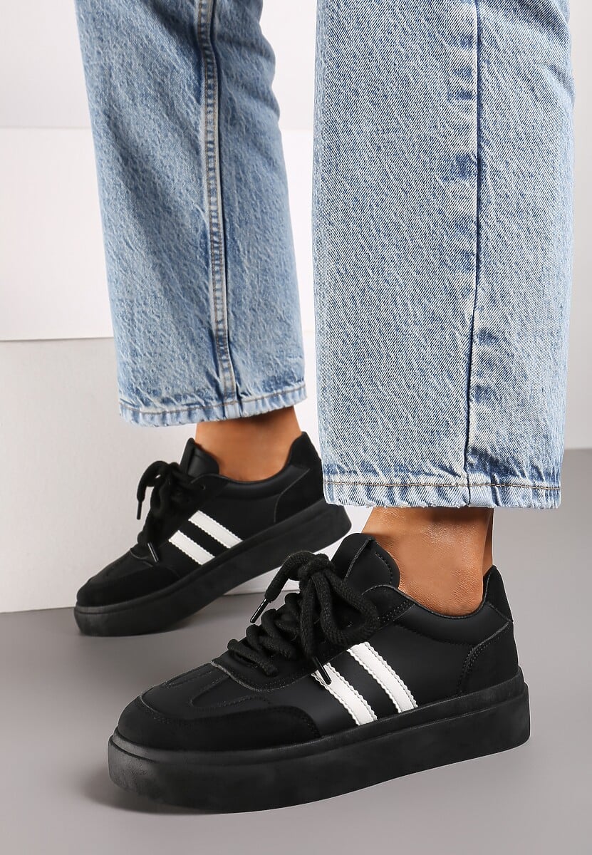 Czarno-Białe Sznurowane Sneakersy na Platformie Ozdobione Paskami Tialise 3