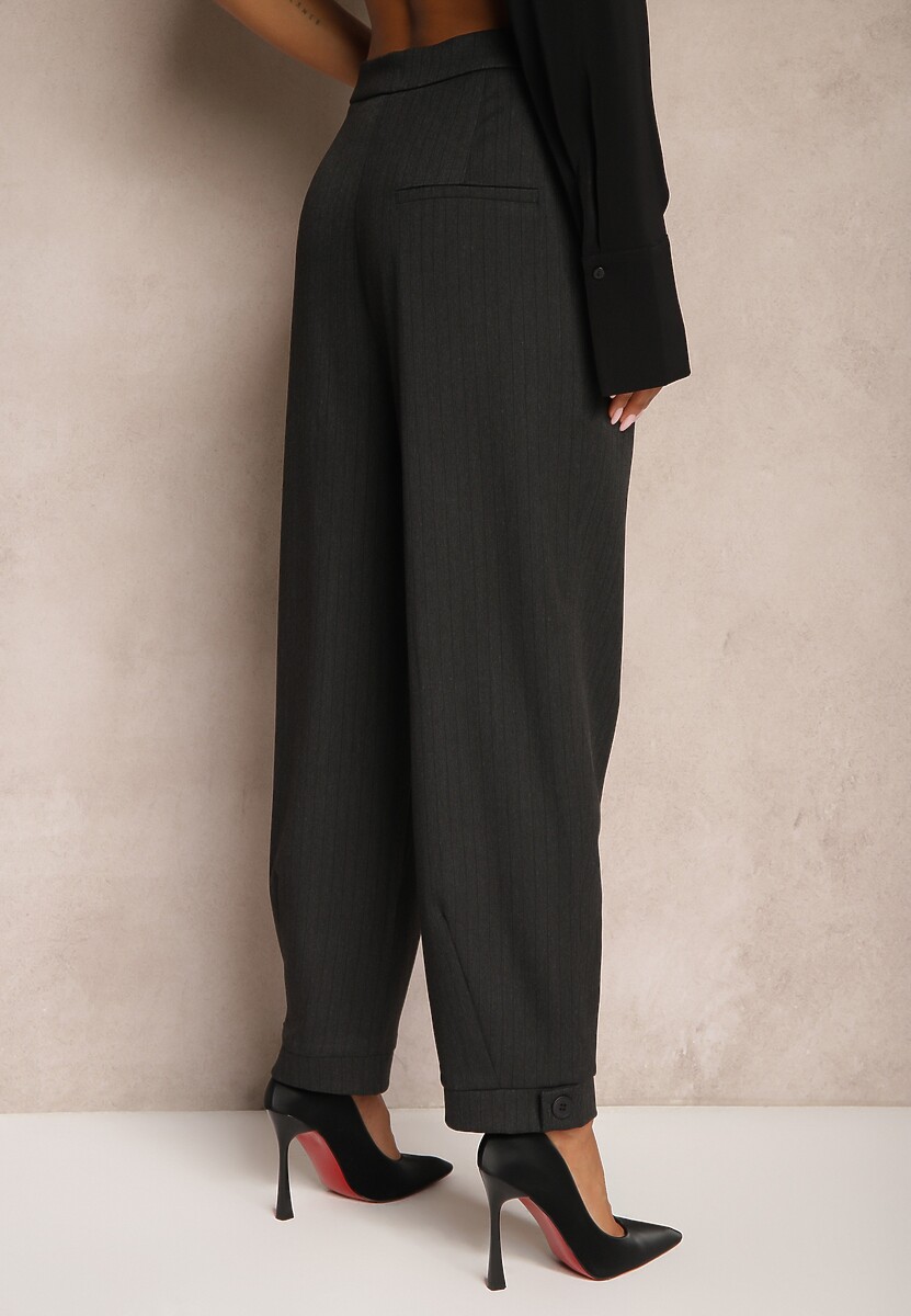 Ciemnoszare Garniturowe Spodnie o Szerokich Nogawkach Lekko Prążkowane High Waist Belbanne 3