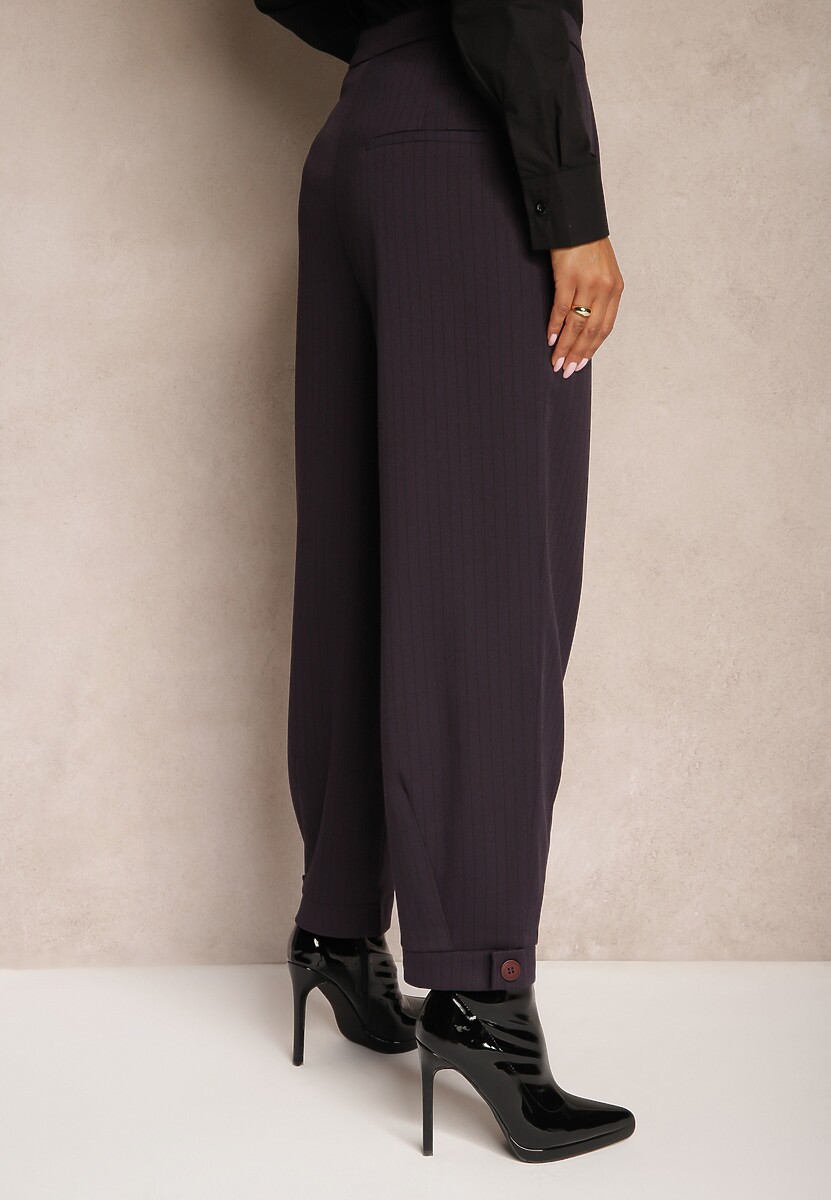 Fioletowe Garniturowe Spodnie o Szerokich Nogawkach Lekko Prążkowane High Waist Belbanne 3