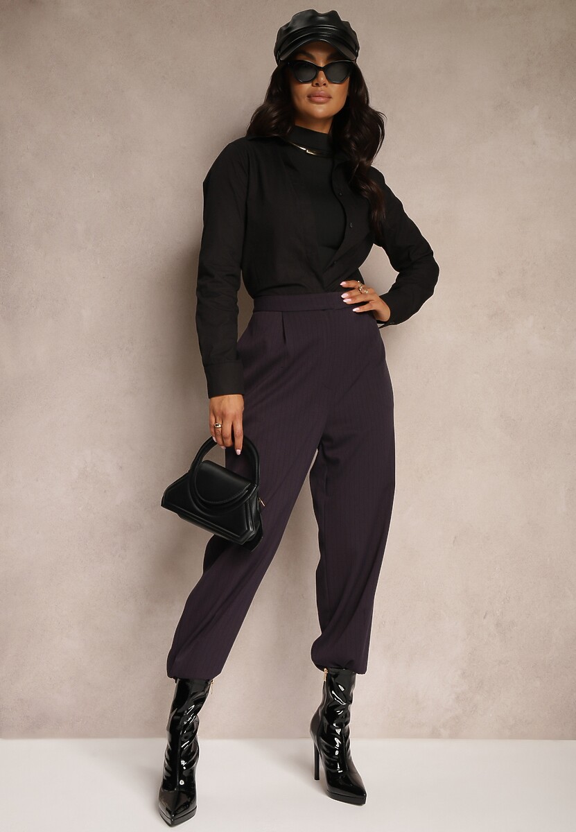Fioletowe Garniturowe Spodnie o Szerokich Nogawkach Lekko Prążkowane High Waist Belbanne 1
