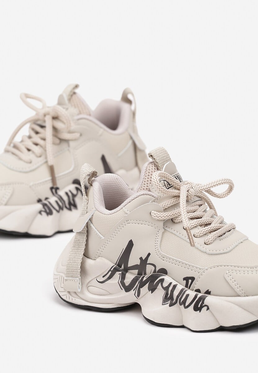 Beżowo-Czarne Buty Sportowe Sneakersy na Platformie z Napisem Alorithia 3