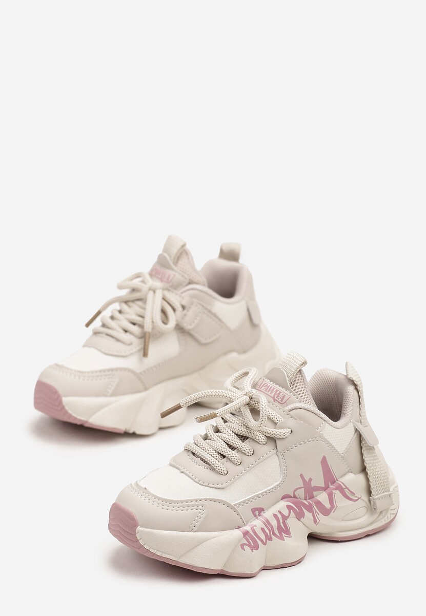 Beżowo-Różowe Buty Sportowe Sneakersy na Platformie z Napisem Alorithia 2