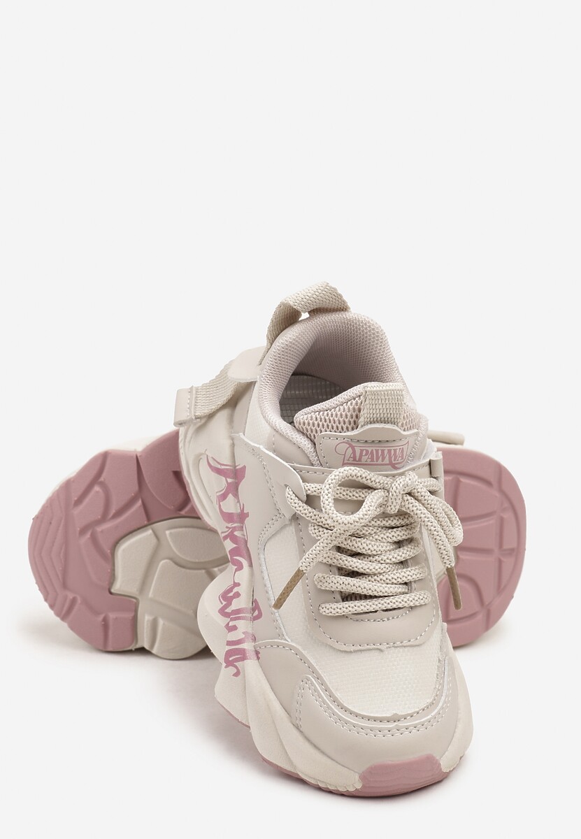 Beżowo-Różowe Buty Sportowe Sneakersy na Platformie z Napisem Alorithia 3