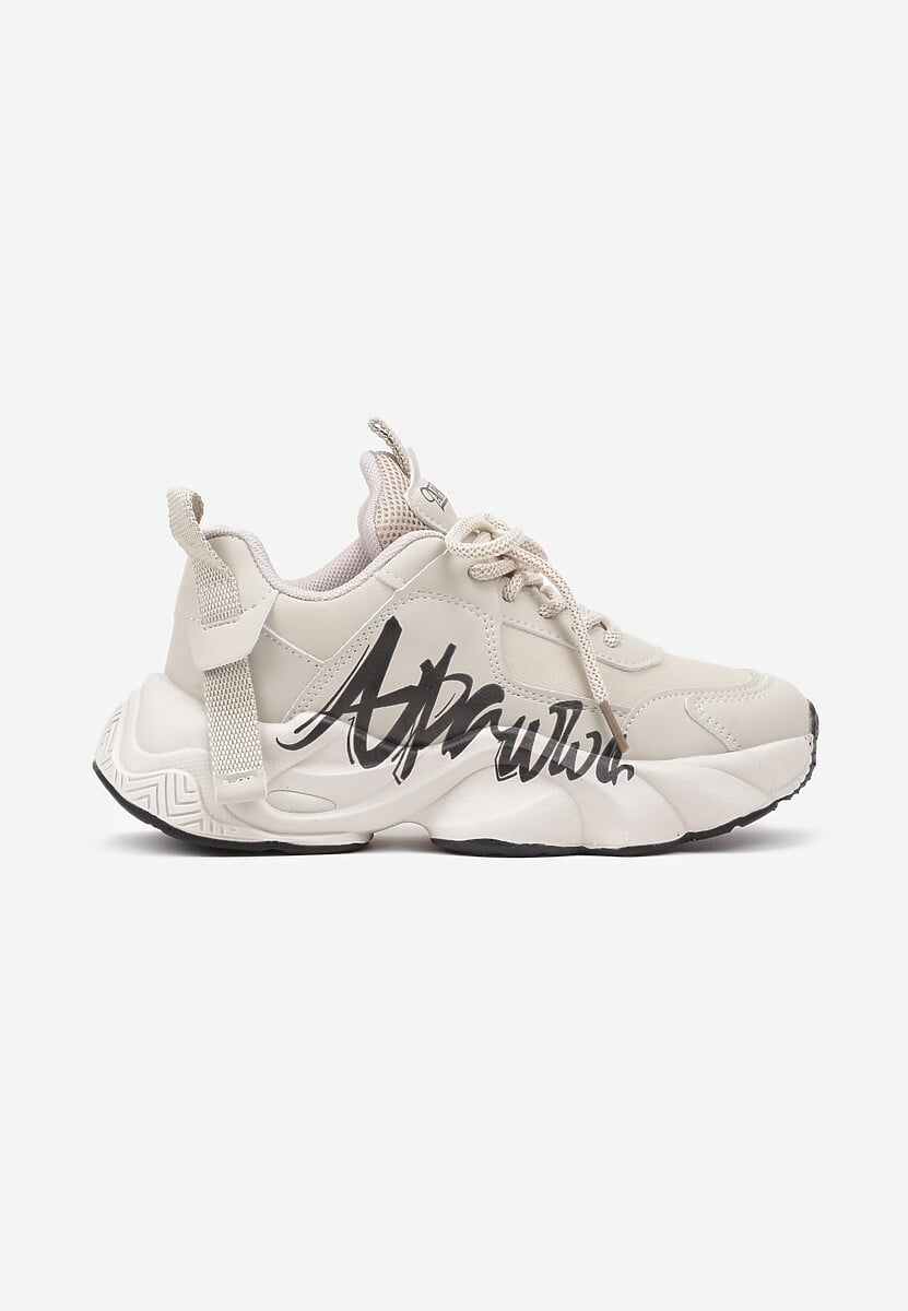 Beżowo-Czarne Buty Sportowe Sneakersy na Platformie z Tłoczeniem z Napisem Valerisia 1