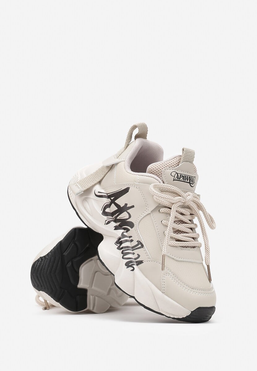 Beżowo-Czarne Buty Sportowe Sneakersy na Platformie z Tłoczeniem z Napisem Valerisia 2
