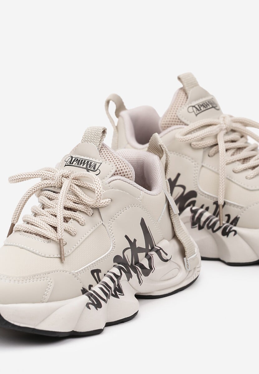 Beżowo-Czarne Buty Sportowe Sneakersy na Platformie z Tłoczeniem z Napisem Valerisia 3
