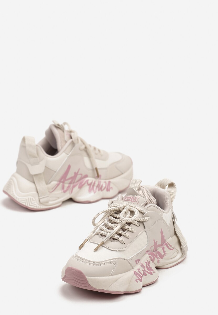 Beżowo-Różowe Buty Sportowe Sneakersy na Platformie z Tłoczeniem z Napisem Valerisia 2