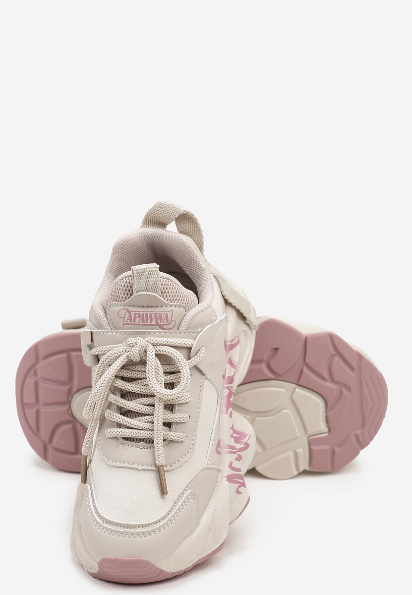 Beżowo-Różowe Buty Sportowe Sneakersy na Platformie z Tłoczeniem z Napisem Valerisia 3