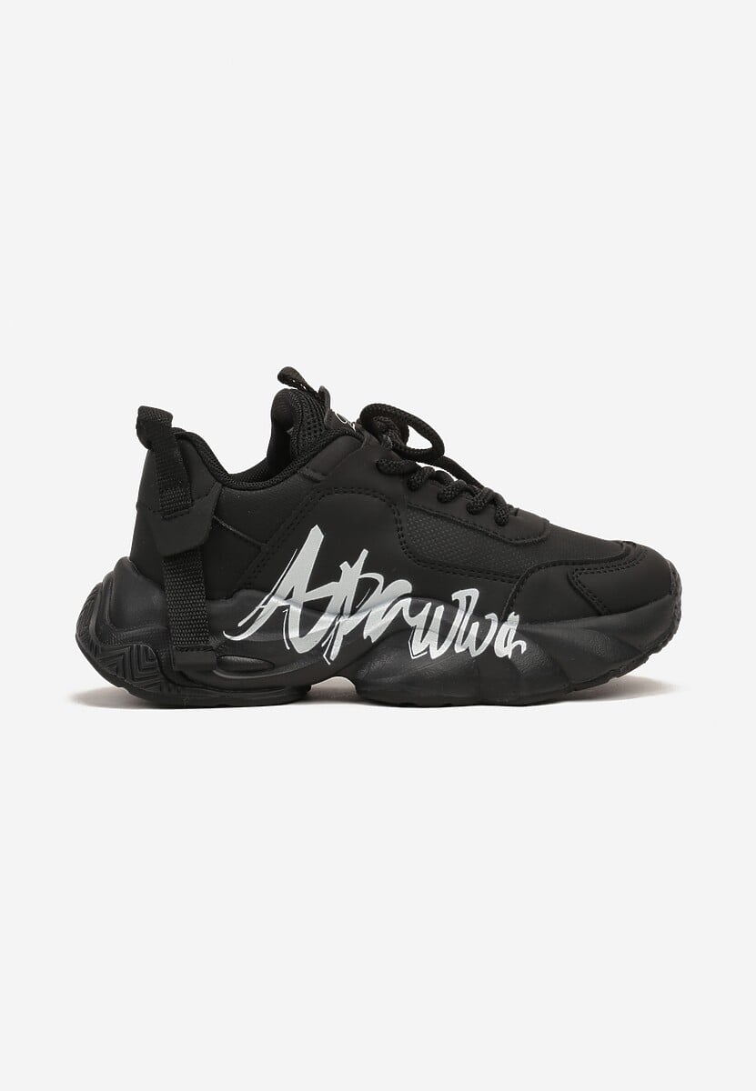 Czarne Buty Sportowe Sneakersy na Platformie z Tłoczeniem z Napisem Valerisia 1