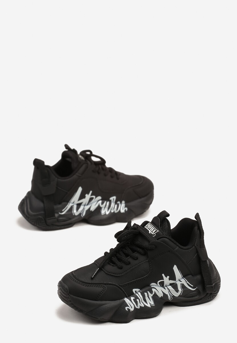 Czarne Buty Sportowe Sneakersy na Platformie z Tłoczeniem z Napisem Valerisia 2