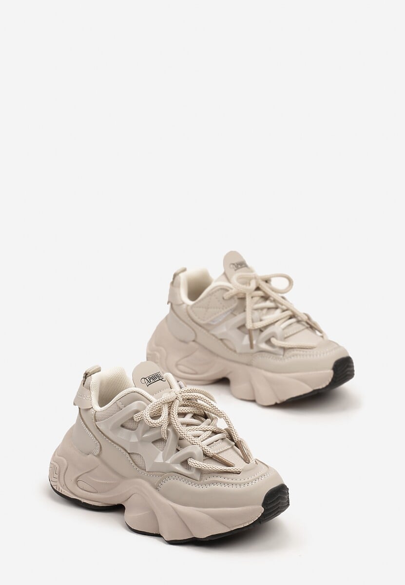 Beżowe Buty Sportowe Sneakersy na Platformie z Tłoczeniem i Sznurowaniem Giseloria 2