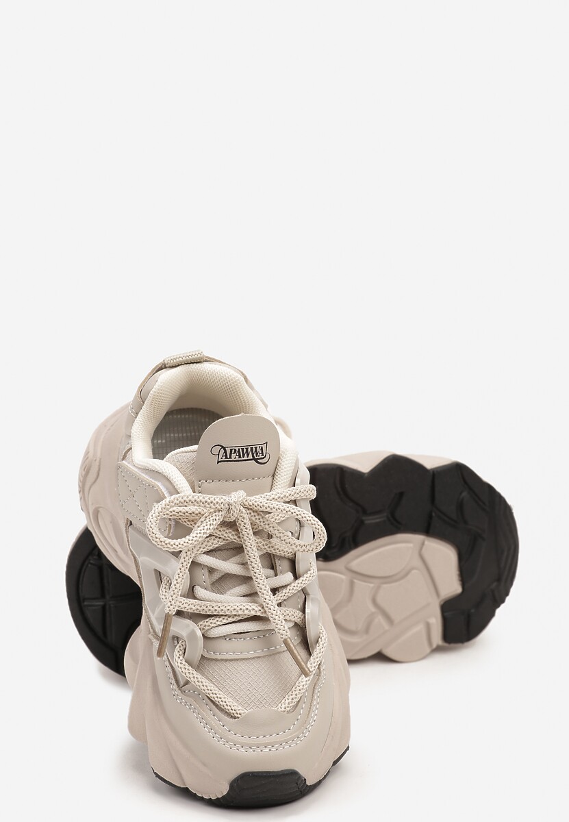 Beżowe Buty Sportowe Sneakersy na Platformie z Tłoczeniem i Sznurowaniem Giseloria 3