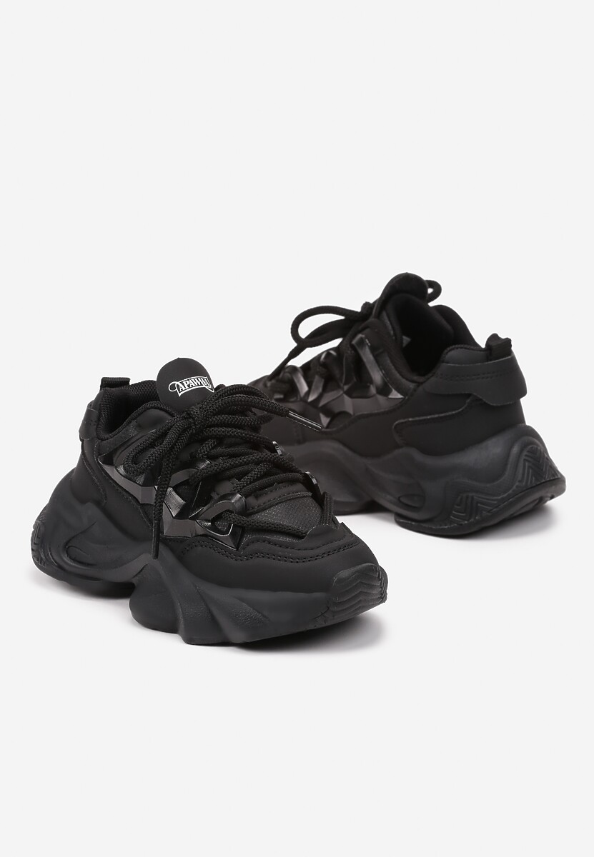 Czarne Buty Sportowe Sneakersy na Platformie z Tłoczeniem i Sznurowaniem Giseloria 2