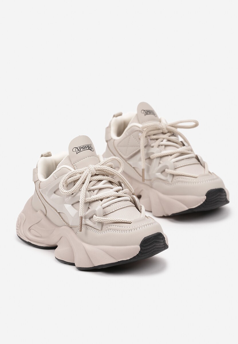 Beżowe Buty Sportowe Sneakersy na Platformie z Tłoczeniem i Sznurowaniem Isolaria 2