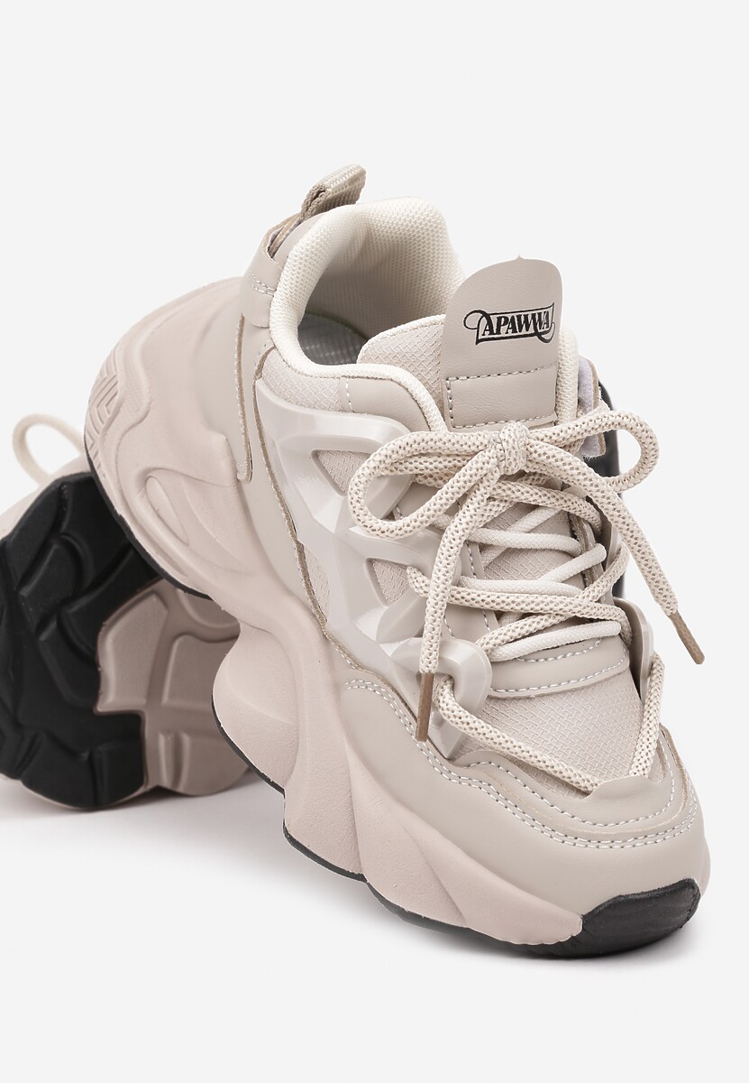 Beżowe Buty Sportowe Sneakersy na Platformie z Tłoczeniem i Sznurowaniem Isolaria 3