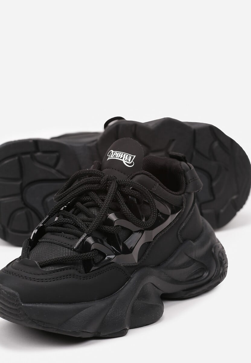 Czarne Buty Sportowe Sneakersy na Platformie z Tłoczeniem i Sznurowaniem Isolaria 3