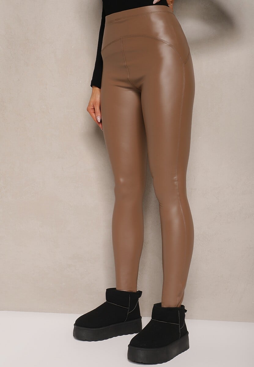 Brązowe Legginsy z Imitacji Skóry High Waist z Polarem Labrinne 1