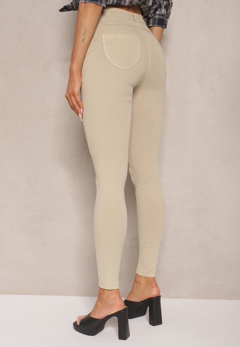 Beżowe Skinny Jeansy z Bawełną High Waist Lorie 3