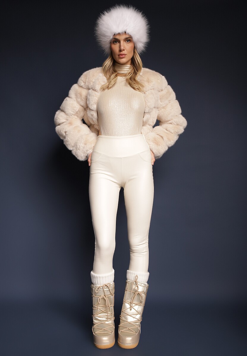 Białe Legginsy z Ekoskóry High Waist z Imitacjami Kieszeni Salabria 2