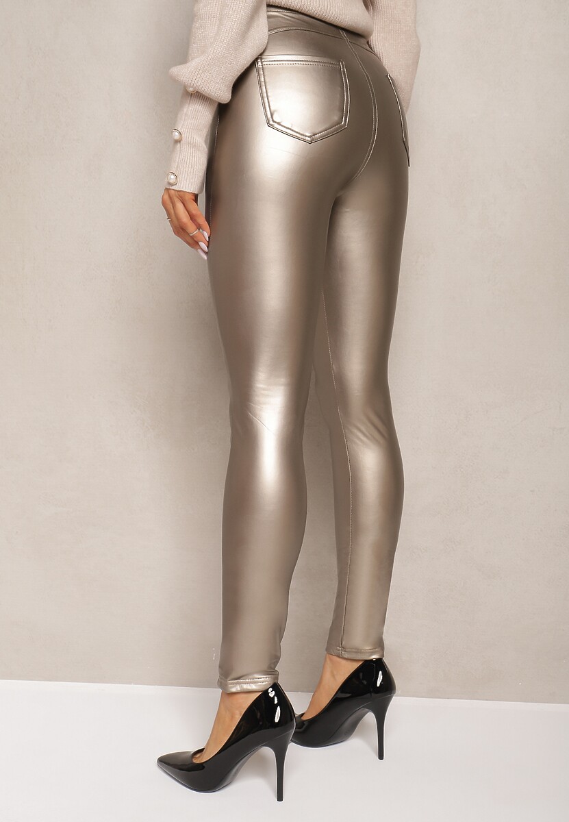 Złote Legginsy z Imitacji Skóry High Waist Noriel 3