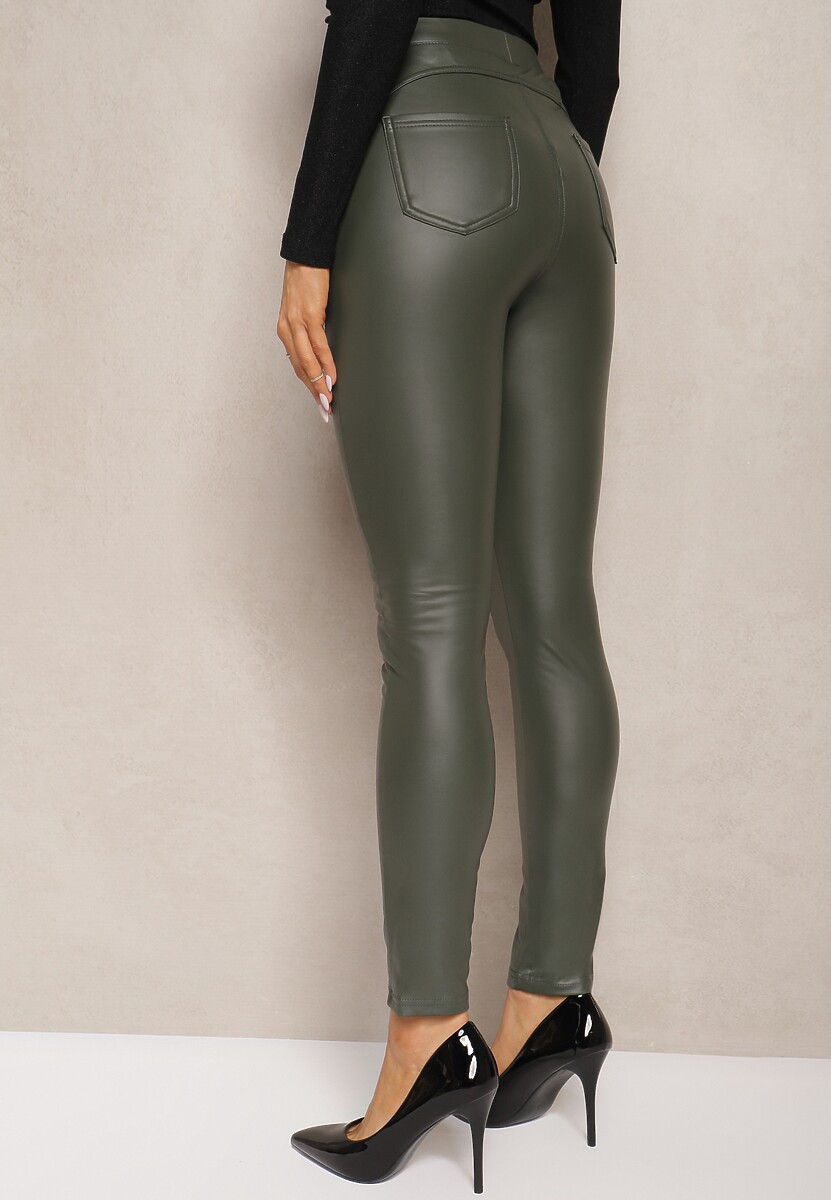 Ciemnozielone Legginsy z Imitacji Skóry High Waist Noriel 3