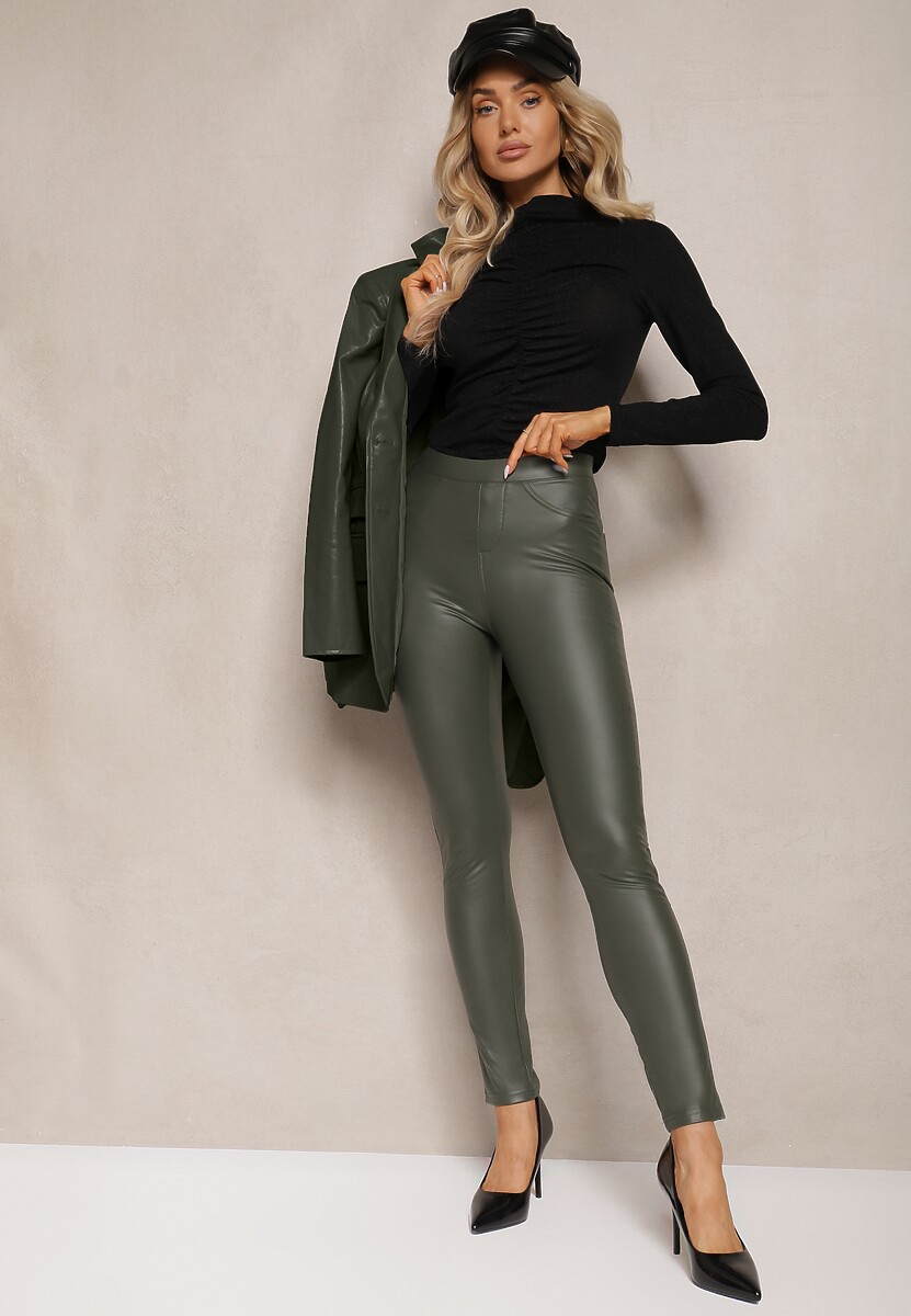Ciemnozielone Legginsy z Imitacji Skóry High Waist Noriel 1