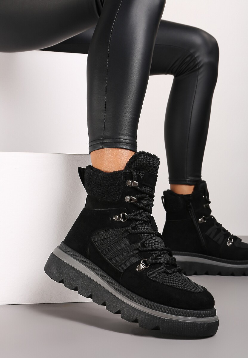 Czarne Futerkowe Traperki na Niskiej Platformie Linivora 1