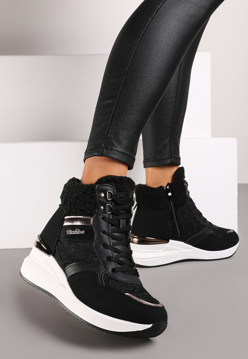 Czarne Sneakersy na Koturnie z Wysoką Cholewką Ozdobione Brokatem Sinthera 1
