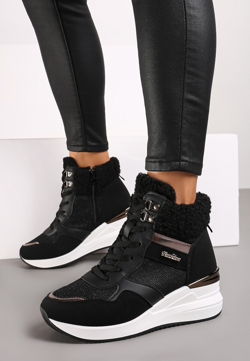 Czarne Sneakersy na Koturnie z Wysoką Cholewką Ozdobione Brokatem Sinthera 2