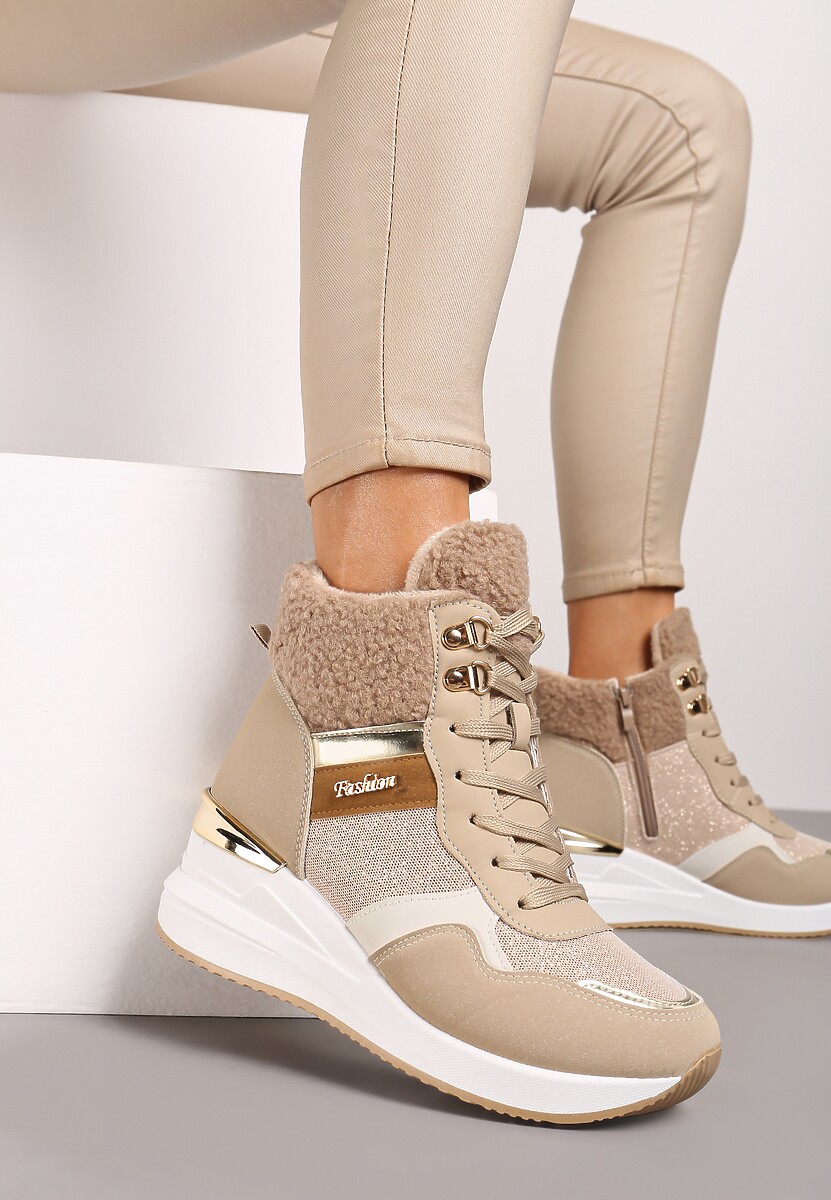 Ciemnobeżowe Sneakersy na Koturnie z Wysoką Cholewką Ozdobione Brokatem Sinthera 1