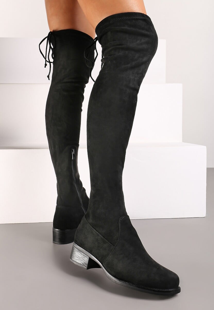 Czarne Kozaki Muszkieterki na Płaskiej Podeszwie ze Sznurkiem Avatiras 1