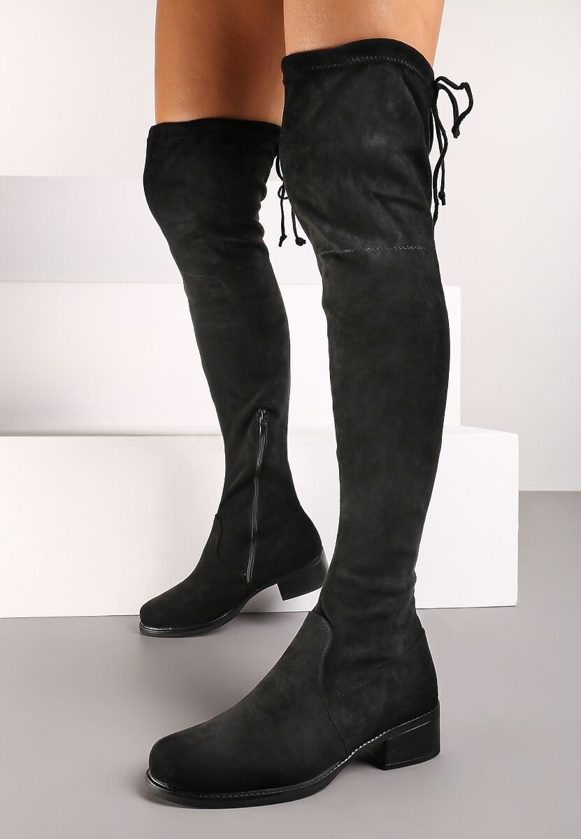 Czarne Kozaki Muszkieterki na Płaskiej Podeszwie ze Sznurkiem Avatiras 2