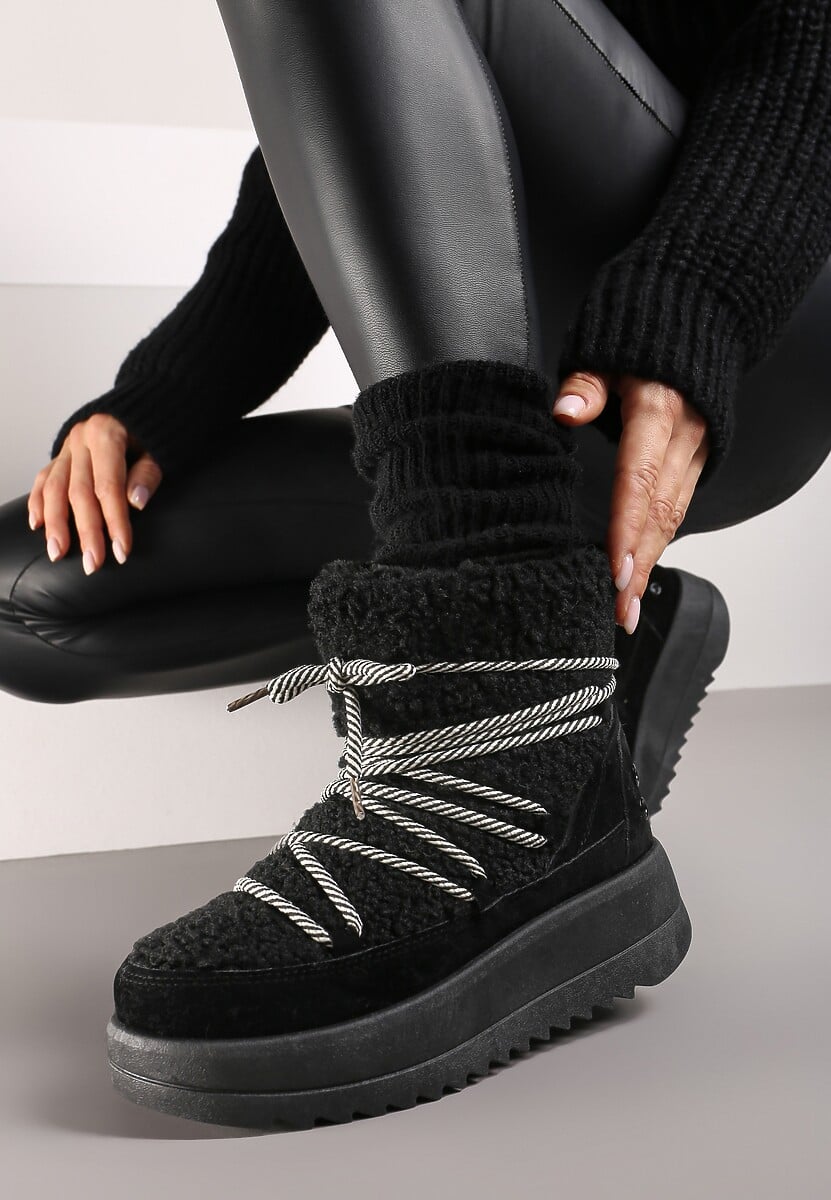 Czarne Niezapinane Śniegowce na Niskiej Platformie z Futerkiem i Sznurowaniem Avalisande 2