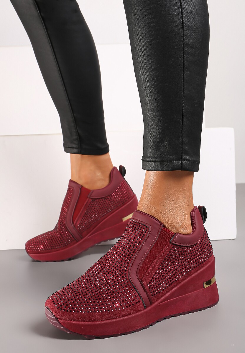 Bordowe Sneakersy na Koturnie Ozdobione Cyrkoniami i Metaliczną Wstawką Lobora 2