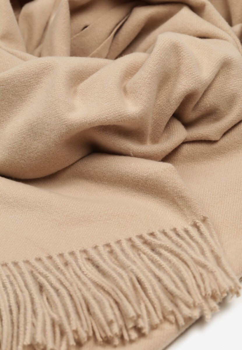 Beżowy Długi Szalik Wiskozowy z Wełną Ozdobiony Frędzlami Portina 2